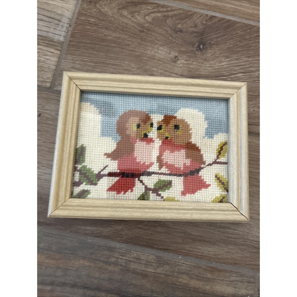 Vintage Garden Birds Finished Oak Framed Cross Stitch Blooms Floral 8"